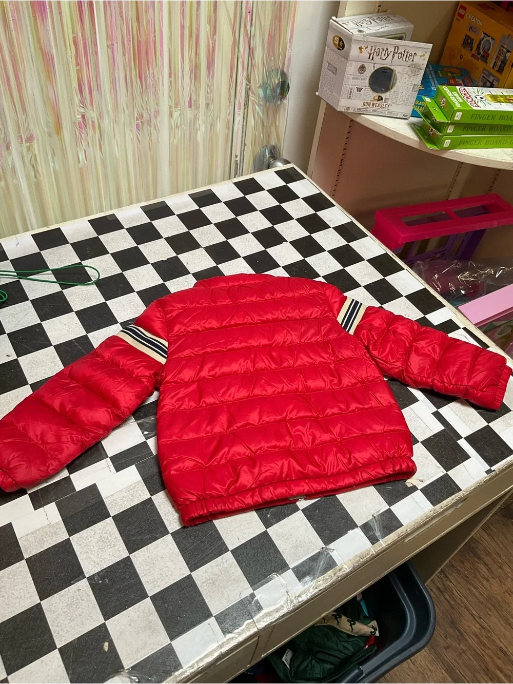 Moncler Red Quilted Puffer Jacket with Navy & White Stripes